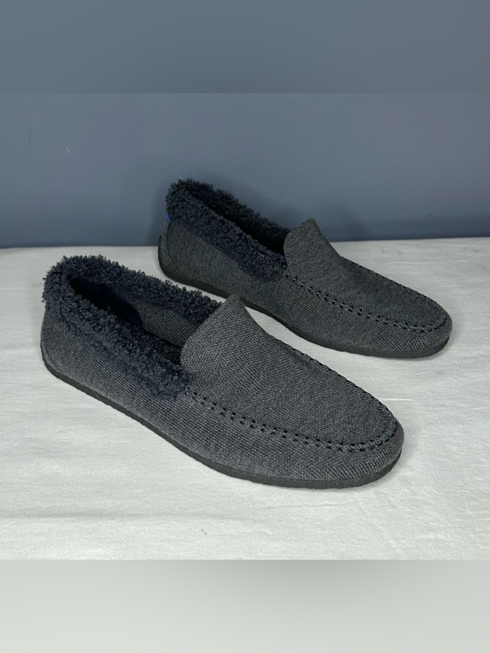 Rothys Shoes The Mens Slipper 8 Gray Knit Faux Shearling Merino Moccasin Loafers